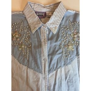 Womens size 2X Embellished Button Down‎ Top Floral Blue Pearls 100% cotton